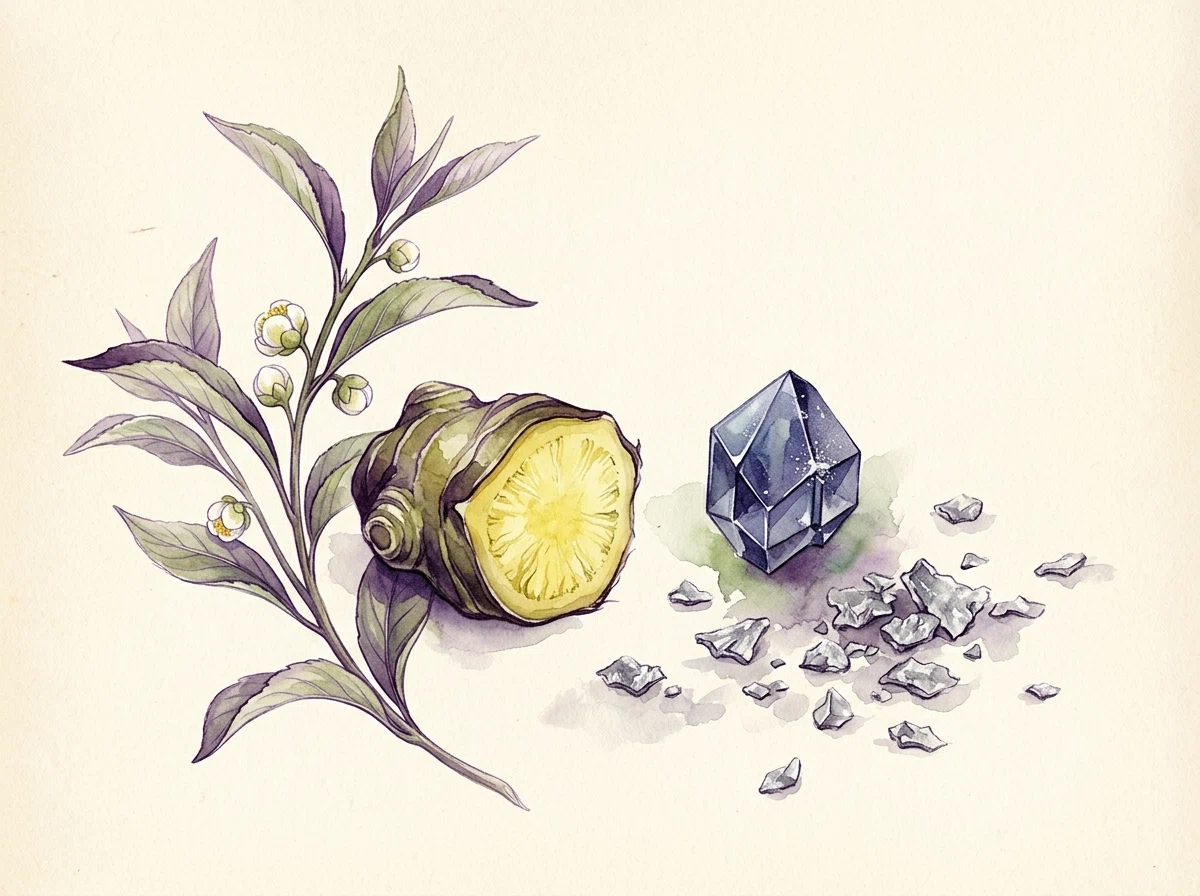 Botanische illustratie van groene thee en gemberwortel - plantaardige ingrediënten in Ozalyn
