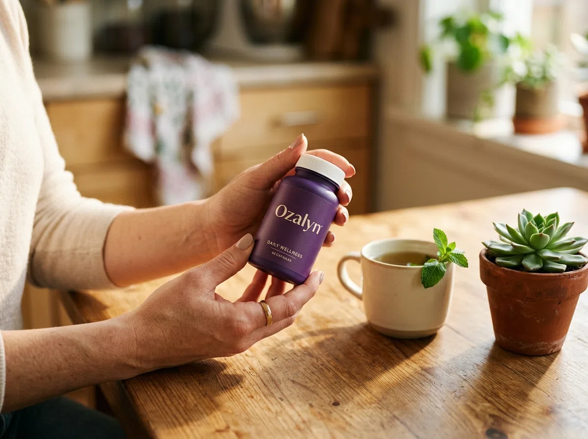 Handen houden een Ozalyn supplement fles vast - dagelijkse routine met plantaardig voedingssupplement